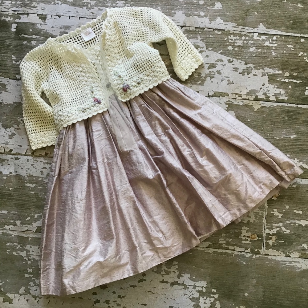 Victoria Kids Silk Dress with Crocheted Sweater